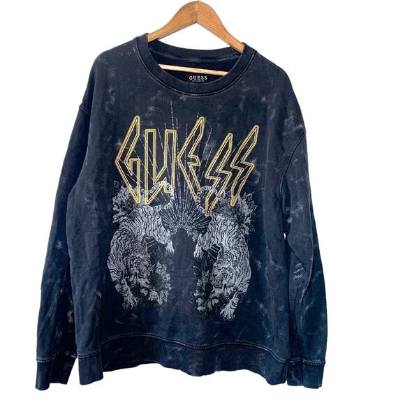 Guess Tiger Acid Wash Faded Distressed Rock Band Sweatshirt Black White Gold XL